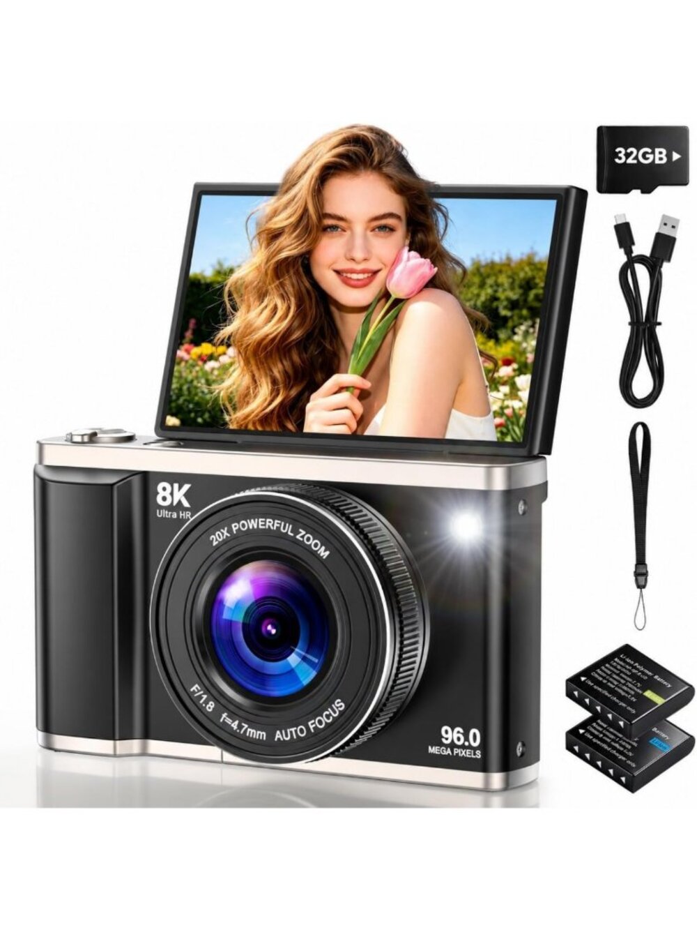 8K Digital Camera, 96MP, WiFi, Autofocus, 20X Zoom, 3.5” Flip Screen - Perfect